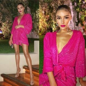 NWT Retrofete Gabrielle Hot Pink Beaded Sequin Robe Wrap Tie Dress Small S